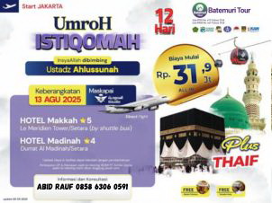 Umrah Istiqamah, Umrah Plus Thaif , 12 hari, Btt – KUT, keberangkatan 13 Agustus 2025